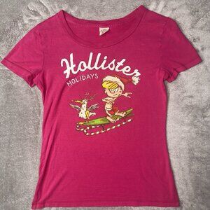 VTG Y2K Hollister Women's M Christmas Holiday Pink Surf Casual Graphic T-Shirt